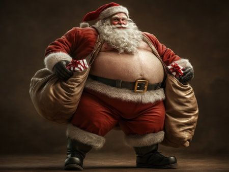 A jolly Santa Claus, overflowing with presents, radiates holiday cheer His presence evokes a winter wonderland filled with festive spirit, Christmas magic, and heartwarming traditions From twinkling lights to carols, his arrival brings joy and excitement to every corner of the world AI Generativeの素材