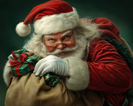Jolly Santa Claus, beaming with holiday cheer, carries a bulging sack of Christmas gifts His classic image embodies the spirit of Christmas Eve, bringing joy and anticipation to children worldwide With every delivered present, he spreads festive magic and the warmth of the season AI Generativeの素材
