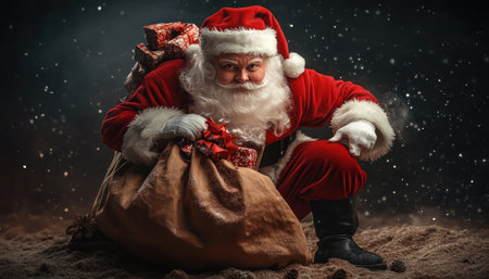 Santa Claus, brimming with Christmas cheer, stands with a bulging sack of gifts, spreading anticipation for the holidays The Jolly Saint Nick, a symbol of winter wonder and festive joy, embodies the magic of Christmas Eve His workshop hums with the spirit of giving, promising a magical Christmas morning AI Generativeの素材