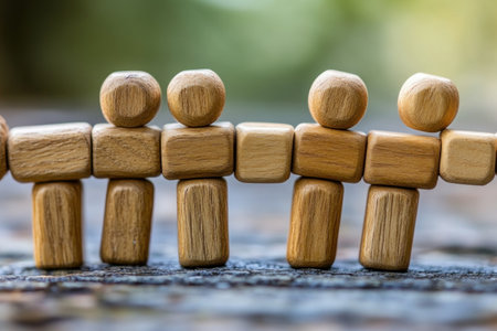 A powerful image of unity and shared purpose Wooden figures, standing shoulder-to-shoulder, embody the spirit of teamwork, collaboration, and support This visual representation highlights the strength of working together towards common goals in any business or project AI Generativeの素材