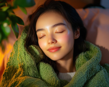 A young woman finds solace in her cozy bedroom, a haven of peace and serenity Soft lighting, plush textures, and a warm atmosphere invite relaxation and rejuvenation She embraces tranquility, recharging amidst the comfort and privacy of her personal sanctuary AI Generativeの素材