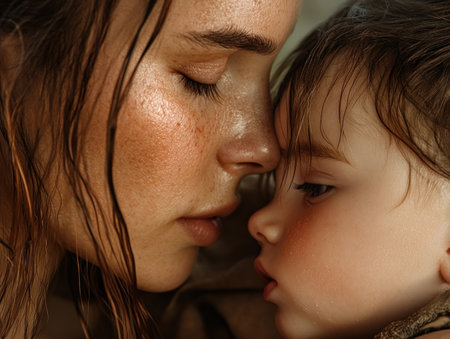 A powerful portrait captures the tender embrace of motherhood A newborn baby, cradled in loving arms, embodies the unbreakable bond between mother and child The image evokes a sense of profound connection and the nurturing power of love AI Generativeの素材