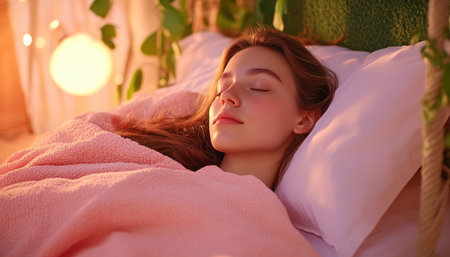 A young woman finds solace in a cozy bedroom bathed in soft light Warm blankets envelop her as she sleeps peacefully, creating a tranquil atmosphere The room's inviting design, with comfortable furnishings and calming decor, inspires peaceful rest and relaxation AI Generativeの素材