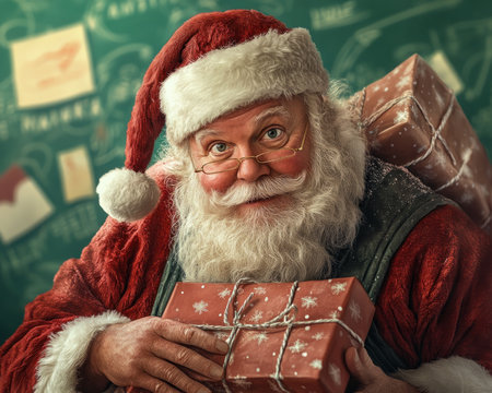 A heartwarming image of Santa Claus, radiating Christmas cheer, holds a magical bag overflowing with presents His smile embodies the joy and wonder he brings to children everywhere This festive scene is ideal for spreading holiday spirit through greetings, decorations, and marketing campaigns AI Generativeの素材