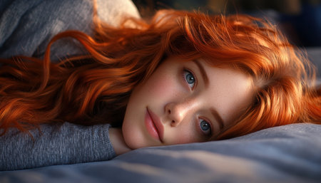 A serene image of a young woman, nestled in the comfort of her bed, exudes tranquility Bathed in soft light, she embodies relaxation and personal sanctuary The scene evokes feelings of warmth and serenity, inviting viewers to share in her peaceful moment AI Generativeの素材