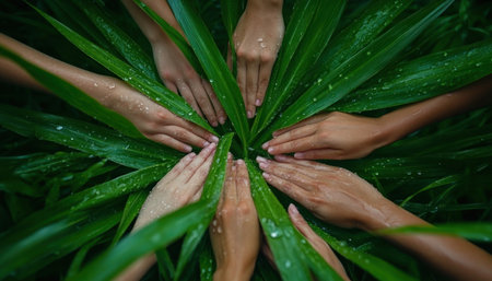 In a vibrant green meadow, hands clasped together symbolize the strength of unity This powerful image represents the collaborative spirit needed to protect our natural world Through teamwork and shared commitment, we can preserve the beauty and resources of nature for generations to come AI Generativeの素材