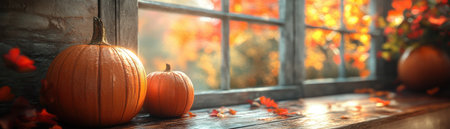 Imagine a cozy autumn windowsill bathed in warm light Pumpkins, a symbol of the season, add a festive touch This captivating image captures the essence of fall warmth, charm, and celebration Let the stunning visuals transport you to a season of cozy evenings and autumnal bliss AI Generativeの素材