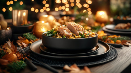 Imagine a warm, inviting dinner table bathed in soft lighting, perfect for a cozy Fall gathering Festive decorations create a celebratory ambiance, ideal for Thanksgiving or holiday feasts With every detail thoughtfully curated, this setting promises a memorable and heartwarming experience AI Generativeの素材