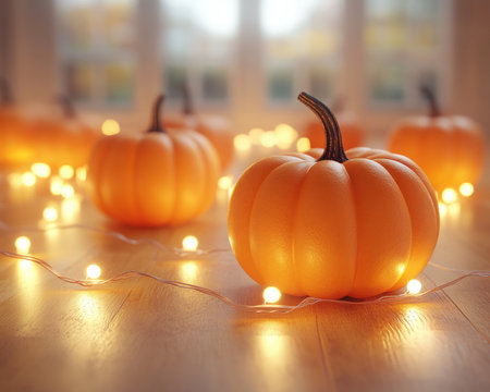 Embrace the warmth of fall with cozy decor! Pumpkins and twinkling string lights create a charming ambiance, perfect for celebrating Thanksgiving or Halloween Imagine the delightful scent of autumn leaves and the comforting glow of candlelight an ideal setting for creating lasting memories AI Generativeの素材