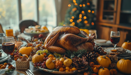 A Thanksgiving feast awaits, complete with a glistening roasted turkey as the centerpiece Warm comfort food like mashed potatoes and stuffing fill the table, alongside festive autumn decorations of gourds, pumpkins, and vibrant fall foliage The ambiance is warm and inviting, perfect for a joyous gathering of loved ones AI Generativeの素材