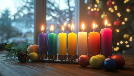 The gentle glow of the menorah's candles evokes the warmth of Hanukkah traditions Each flame represents a beacon of hope, family, and joyous celebration As the candles flicker, they illuminate the spirit of the festival, reminding us of the enduring power of faith and light AI Generativeの素材