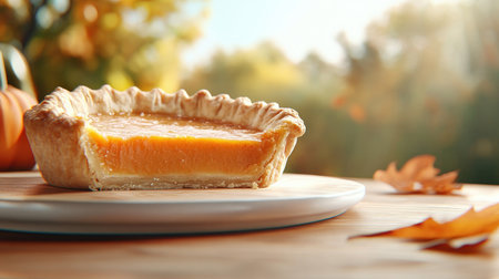 Imagine a rustic kitchen bathed in the warm glow of autumn A freshly baked pumpkin pie, still steaming, sits on a rustic table adorned with colorful leaves and cozy seasonal decorations The aroma of cinnamon and nutmeg fills the air, inviting you to indulge in this perfect fall treat AI Generativeの素材