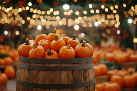 Embrace the warmth of autumn with a festive display of pumpkins and gourds, bathed in the soft glow of golden lights A charming scene, perfect for celebrating the season, where vibrant hues and inviting ambiance come together AI Generativeの素材