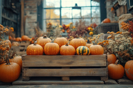 Embrace the warmth of autumn with a rustic pumpkin display Embrace the coziness of the season with pumpkins, warm lighting, and charming autumn d cor Create a welcoming atmosphere with natural elements and soft illumination Let the spirit of fall inspire your decorating AI Generativeの素材