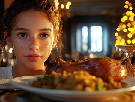 Indulge in a mouthwatering Thanksgiving feast featuring a succulent roasted turkey, savory stuffing, and an array of seasonal sides This culinary delight is perfect for celebrating the holidays with loved ones, offering a symphony of flavors and aromas that will warm your heart AI Generativeの素材