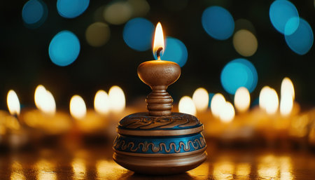 The warm glow of Hanukkah candles illuminates a spinning dreidel, a symbol of the holiday's spirit This festive image embodies the miracle of light, the joy of giving, and the unbreakable bonds of family tradition It's a celebration of faith, togetherness, and the enduring power of hope AI Generativeの素材