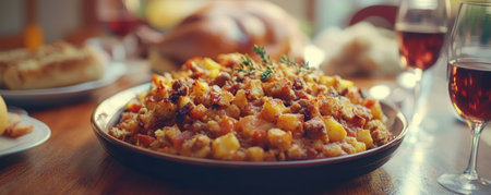 This classic Thanksgiving stuffing recipe delivers a warm, savory, and aromatic side dish perfect for your holiday feast Imagine the fluffy, flavorful stuffing alongside a roasted turkey and your favorite festive dishes Get ready to indulge in a taste of tradition! AI Generativeの素材