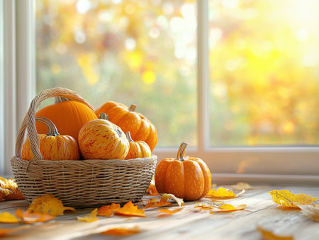 Capture the essence of fall with this enchanting photograph A rustic basket brimming with pumpkins and gourds bathed in soft golden light evokes cozy autumn vibes Perfect for Thanksgiving decor, this printable image brings the warmth of the season into your home with rich fall colors and natural beauty AI Generativeの素材