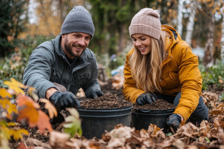 A couple embraces sustainable living in their urban garden, composting during the vibrant autumn season Their eco-conscious practices, like composting, are a testament to their commitment to a greener lifestyle in the heart of the city This image captures the beauty and practicality of sustainable choices in an urban environment AI Generativeの素材