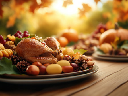 Create a heartwarming Thanksgiving table setting brimming with autumnal charm Warm colors, harvest accents, and family-friendly touches create the perfect ambiance for a cozy holiday dinner Embrace the spirit of togetherness and create lasting memories around this inviting table AI Generativeの素材