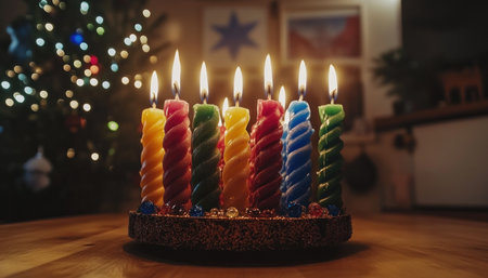 The soft glow of Hanukkah candles fills homes with joy, radiating warmth and love Each flickering flame symbolizes the enduring power of tradition, reminding us of the miracles and blessings that bind families together As darkness gives way to light, hope and happiness shine brightly AI Generativeの素材