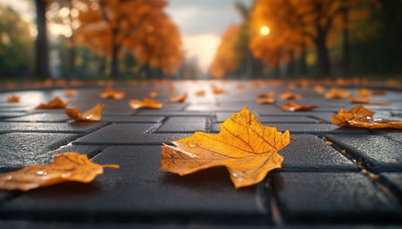 A pathway through an autumnal forest bursts with vibrant orange and yellow leaves, their warm tones painting a breathtaking scene Crisp textures underfoot whisper of fallen leaves, capturing the essence of fall in a captivating photograph Nature's artistry at its finest AI Generativeの素材