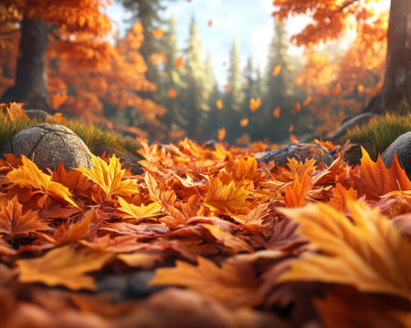 A sun-drenched path winds through an autumn forest, bathed in warm, golden light Crisp, vibrant hues of orange, red, and yellow paint the ground, a carpet of fallen leaves The air is crisp, and the scene is a breathtaking testament to the beauty of nature's seasonal transformation AI Generativeの素材
