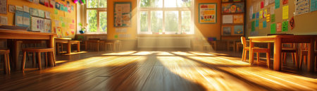 This classroom embraces sustainability, featuring a bright and natural space with eco-friendly furniture crafted from renewable materials It creates a nurturing and inspiring environment for learning and growth, prioritizing the well-being of students and the planet AI Generativeの素材