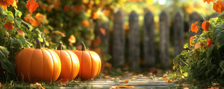 The golden hour bathes a bountiful pumpkin harvest in warm autumn light A rustic fence frames the cozy scene, where vibrant fall colors and seasonal decorations create a picturesque landscape This nature-inspired photograph captures the essence of autumn, with its rustic charm and the promise of a bountiful harvest AI Generativeの素材