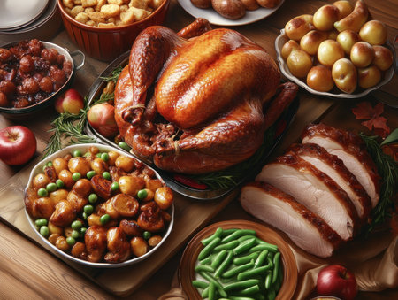 A Thanksgiving feast unfolds, a table overflowing with roasted turkey, creamy mashed potatoes, savory stuffing, rich gravy, and tangy cranberry sauce Family and friends gather, sharing laughter and gratitude, creating a heartwarming scene that embodies the spirit of Thanksgiving togetherness, tradition, and abundant blessings AI Generativeの素材