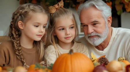 A warm glow illuminates a family gathered around a table laden with autumnal bounty Pumpkins, gourds, and vibrant leaves create a festive backdrop Laughter and heartfelt conversation fill the air as they express gratitude for the season's abundance and the joy of being together AI Generativeの素材