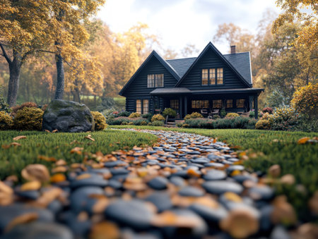 Escape to a charming rustic cottage nestled amongst vibrant autumn foliage This serene retreat offers breathtaking landscapes and tranquil scenery, perfect for a cozy getaway Immerse yourself in the beauty of nature and create lasting memories in this idyllic escape AI Generativeの素材