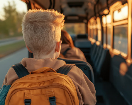 The yellow school bus hums along, carrying a young student with a backpack brimming with potential Their journey is a familiar ritual, a daily trek towards knowledge and growth This image embodies the essence of childhood education, where the promise of learning unfolds with every ride AI Generativeの素材