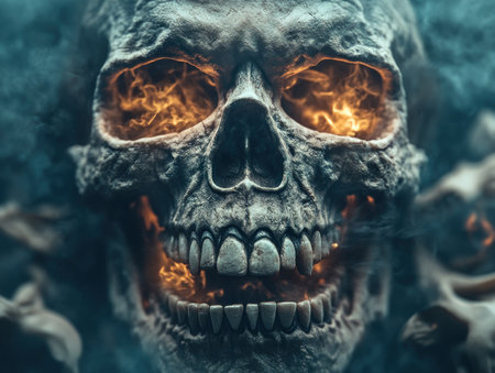 A chilling digital artwork depicts an abstract skeleton mask, bathed in eerie darkness Its glowing skull, ignited by fiery eyes and teeth, bursts forth, casting an unsettling aura The terrifying illustration evokes primal fear, leaving a haunting impression of horror in the viewer's mind AI Generativeの素材