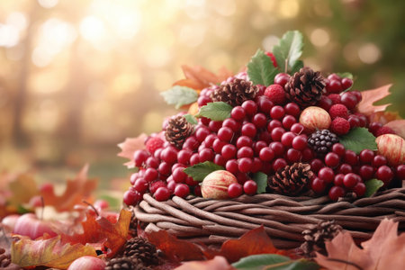 Embrace the warmth of autumn with a rustic basket overflowing with vibrant fall foliage Crimson leaves, golden branches, and plump, jewel-toned berries create a stunning display of nature's bounty A perfect touch of rustic charm for your home or a thoughtful gift to welcome the season AI Generativeの素材