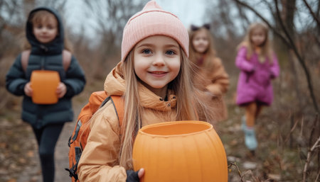 Capture the magic of Halloween with this charming scene! Adorable children, dressed in their cutest costumes, proudly carry pumpkin buckets filled with treats It's the perfect image to evoke the spirit of fall and autumn celebrations, filled with joy and excitement AI Generativeの素材