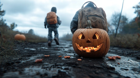 Tiny trick-or-treaters, bundled in adorable pumpkin costumes, roam the streets on Halloween night Their pumpkin buckets, overflowing with sweet treats, are evidence of a successful candy haul Laughter and excitement fill the air as they delight in the magic of the season AI Generativeの素材