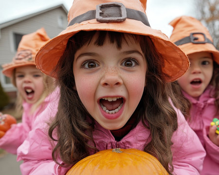 This heartwarming Halloween scene captures the joy of trick-or-treating Adorable children, dressed in charming witch costumes, are seen carrying pumpkins and bags brimming with candy Their happy faces and playful spirit embody the magic of Halloween, making it a truly delightful occasion AI Generativeの素材