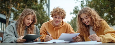 Students engage in a collaborative tutoring session, fostering knowledge sharing and discussion of key topics They explore effective study techniques, aiming for academic success This group learning environment promotes teamwork and provides valuable educational support AI Generativeの素材