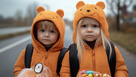 Two adorable twins, dressed in cuddly bear costumes, filled their bags with sweet treats while trick-or-treating Their playful smiles and festive outfits made for a perfect Halloween family tradition Spooky fun and candy-filled smiles made for a truly happy Halloween AI Generativeの素材