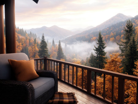 Escape to a serene mountain retreat in this cozy countryside home Rustic decor and warm tones create a welcoming ambiance Enjoy breathtaking mountain views from the comfort of your charming and inviting space This home is the perfect place to unwind and reconnect with nature AI Generativeの素材