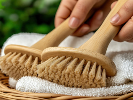 Embrace a sustainable kitchen with our eco-friendly bamboo scrub brushes! These zero-waste tools are gentle on dishes and the environment Close-up shots showcase hands using the brushes, highlighting their natural and durable design Say goodbye to plastic and hello to a cleaner, greener kitchen AI Generativeの素材