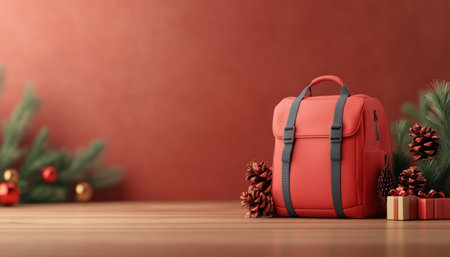 This festive red backpack is perfect for holiday adventures! Adorned with Christmas decorations, it's ideal for winter vacations, Christmas gifting, or carrying travel essentials Make your holiday travels merry and bright with this fun and functional backpack AI Generativeの素材