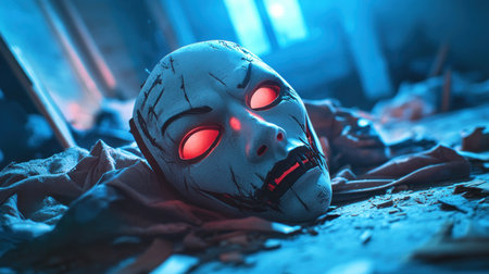 In a desolate, abandoned room, a vampire mask with eerie, glowing red eyes casts long, menacing shadows The creepy atmosphere is amplified by the mask's chilling presence, creating a perfect horror movie set The scary mask, a frightening decoration for Halloween, adds a touch of dark mystery to any spooky AI Generativeの素材