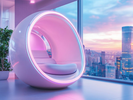 Escape the stresses of everyday life in our futuristic Relaxation Pod Harnessing advanced technology, this innovative design delivers ultimate comfort and wellbeing Indulge in unparalleled relaxation and emerge feeling refreshed and revitalized AI Generativeの素材