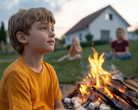 The air crackles with warmth as families gather around a crackling bonfire Kids giggle with delight, faces lit by the dancing flames as they roast marshmallows to gooey perfection Laughter and stories fill the night, creating cherished memories that will forever evoke the magic of summer evenings AI Generativeの素材