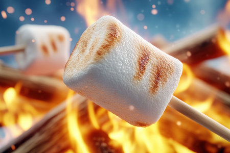 Imagine the warmth of a crackling bonfire beneath a star-studded sky The sweet scent of roasting marshmallows fills the air as you gather around with friends, sharing stories and laughter This is the essence of a perfect outdoor adventure, where nature's beauty and simple pleasures intertwine AI Generativeの素材