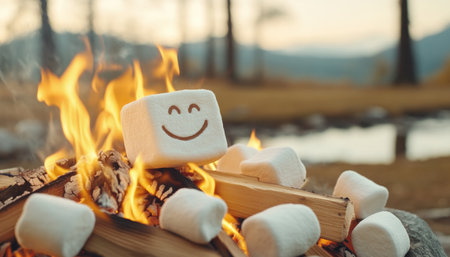 Gather 'round the crackling bonfire with your closest friends for a night of laughter and warmth Toast marshmallows to golden perfection, creating sweet memories as you bask in the cozy glow of the flames This is the perfect campfire night, filled with the simple joys of connection and shared laughter AI Generativeの素材
