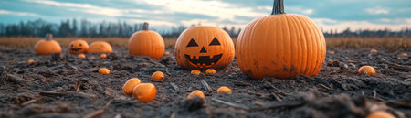 A vibrant field bursts with plump pumpkins, their orange hues glowing under a crisp autumn sky Laughter echoes as costumed children frolic amidst the gourds, their playful antics adding to the festive Halloween spirit The scene is a delightful blend of tradition and childhood joy, capturing the essence of the AI Generativeの素材