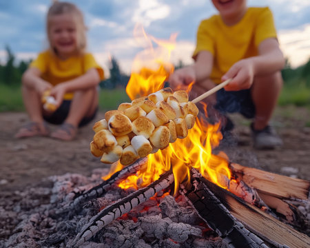 Golden sunlight paints the sky as happy children gather around a crackling bonfire Laughter fills the air as they roast marshmallows, their faces glowing with warmth and joy Family memories are forged in the flickering flames, creating moments to cherish forever AI Generativeの素材